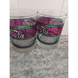 Vintage 1980s Tiffany Style Stained Glass Design Coca Cola Glass 4 inch Set Of 2